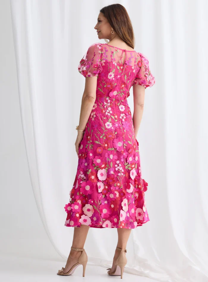 Lizzie Puff Sleeve Midi Florals with Modern Volume in Pink Mother of the Bride Dress