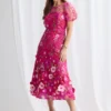 Lizzie Puff Sleeve Midi Florals with Modern Volume in Pink Mother of the Bride Dress