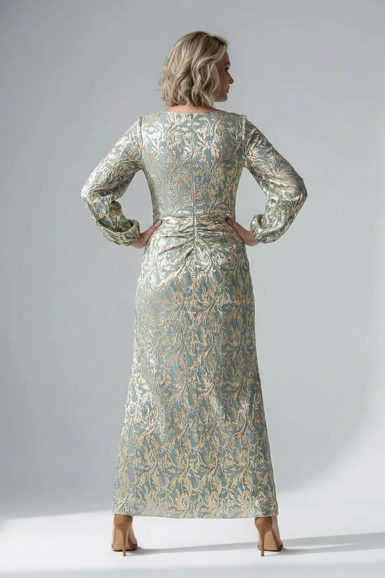 Long Sleeve Metallic Crinkle Drape Mint Gold Gown by Adrianna Papell