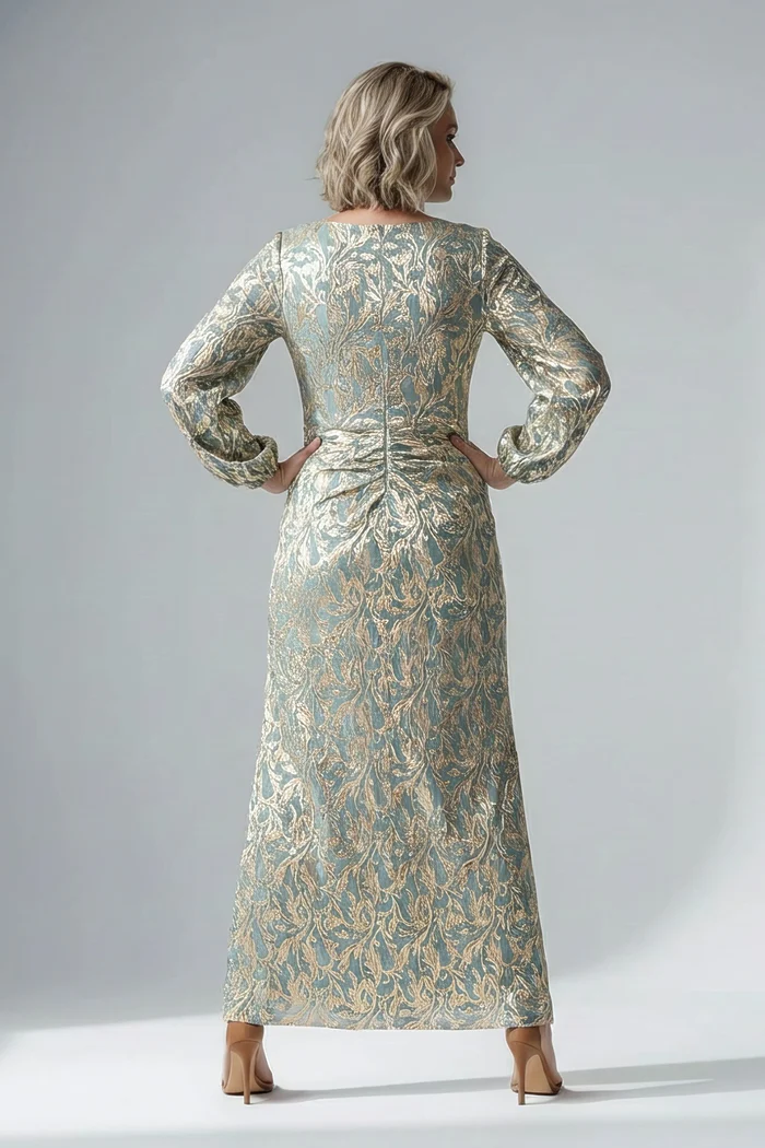 Long Sleeve Metallic Crinkle Drape Mint Gold Gown by Adrianna Papell