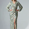 Long Sleeve Metallic Crinkle Drape Mint Gold Gown by Adrianna Papell