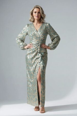 Long Sleeve Metallic Crinkle Drape Mint Gold Gown by Adrianna Papell