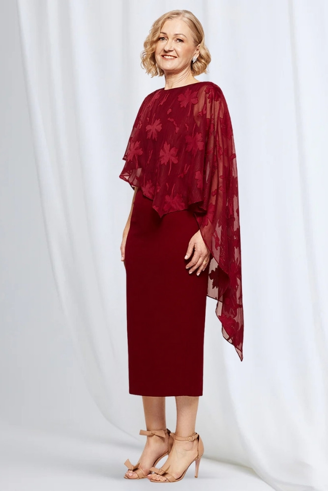 Lorelei Midi Layered Texture with Metallic Detail in Wine Mother of the Bride Dress
