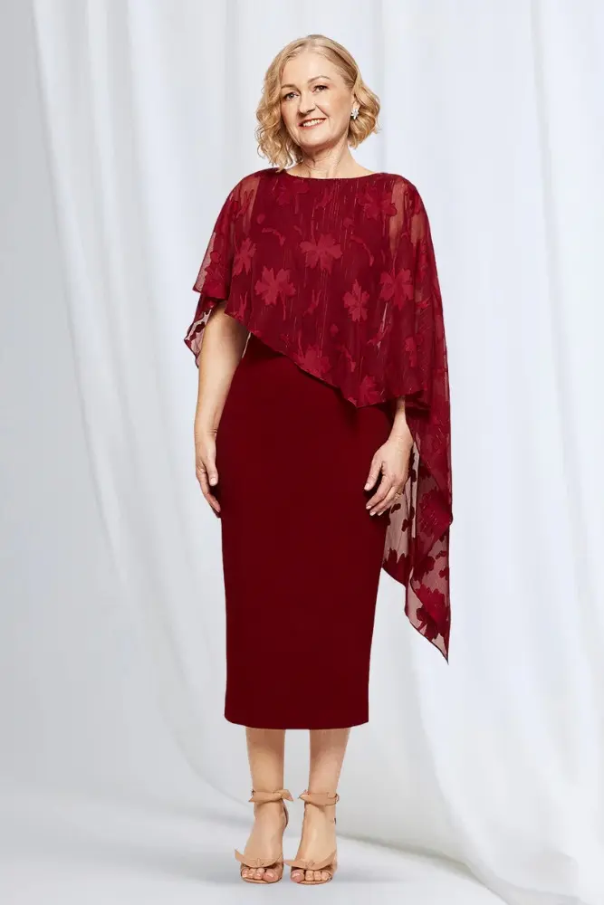 Lorelei Midi Layered Texture with Metallic Detail in Wine Mother of the Bride Dress