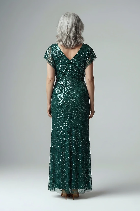 Multicolor Floral Beaded Mermaid Gem Green Gown With Dolman Sleeves by Adrianna Papell