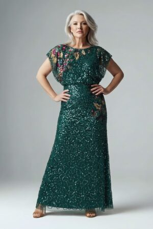 Multicolor Floral Beaded Mermaid Gem Green Gown With Dolman Sleeves by Adrianna Papell