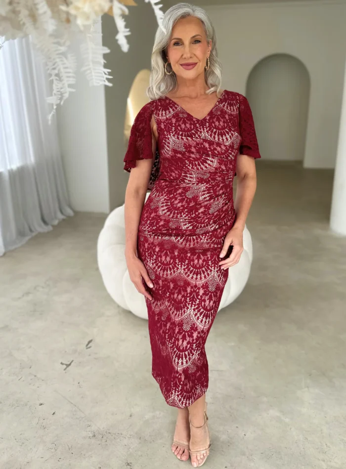 Nikita Lace Midi Soft Draping Dress in Wine Mother of the Groom Dress