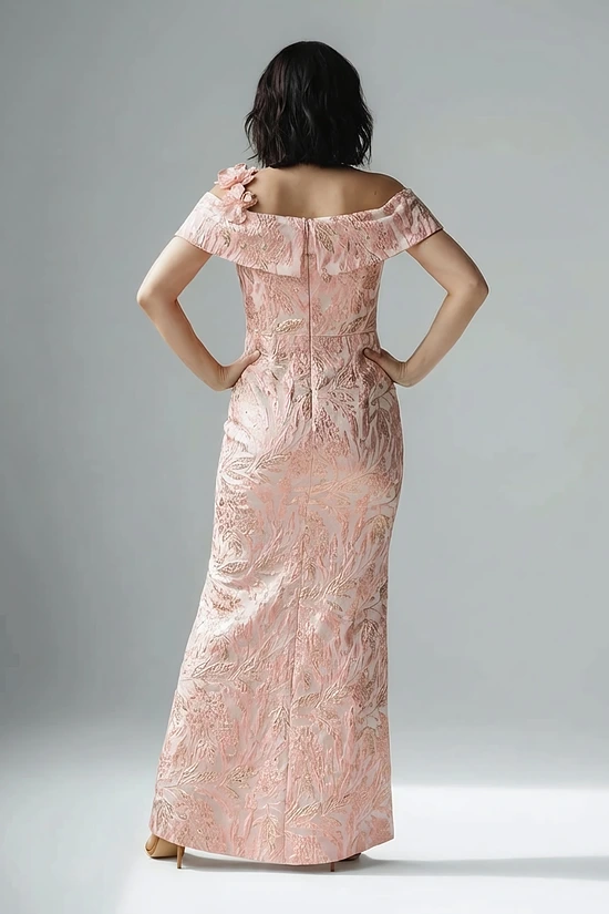 Off Shoulder 3D Floral Jacquard Blush Gown by Adrianna Papell