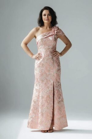 Off Shoulder 3D Floral Jacquard Blush Gown by Adrianna Papell