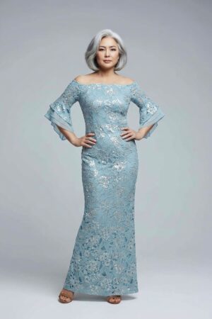 Off Shoulder Bell Sleeve Sequin Airy Aqua Lace Gown by Adrianna Papell