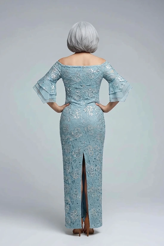 Off Shoulder Bell Sleeve Sequin Airy Aqua Lace Gown by Adrianna Papell