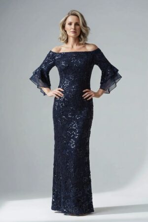 Off Shoulder Floral Jacquard A Midnight Line Gown by Adrianna Papell