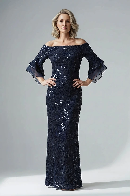 Off Shoulder Floral Jacquard A Midnight Line Gown by Adrianna Papell