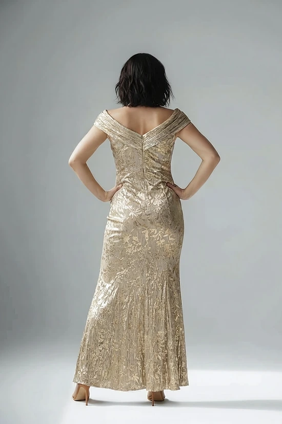 Off Shoulder Foil Leaf Mermaid Champagne Gold Gown by Adrianna Papell