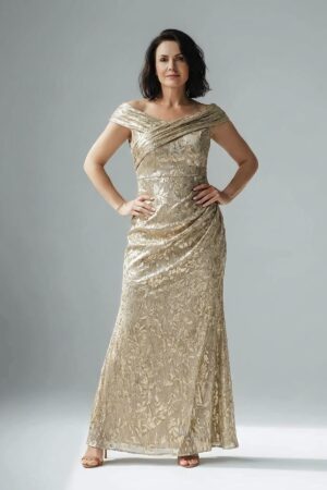 Off Shoulder Foil Leaf Mermaid Champagne Gold Gown by Adrianna Papell