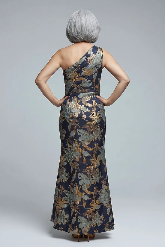 One Shoulder Jacquard Blue Gold Dress by Adrianna Papell