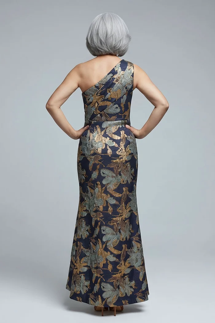 One Shoulder Jacquard Blue Gold Dress by Adrianna Papell