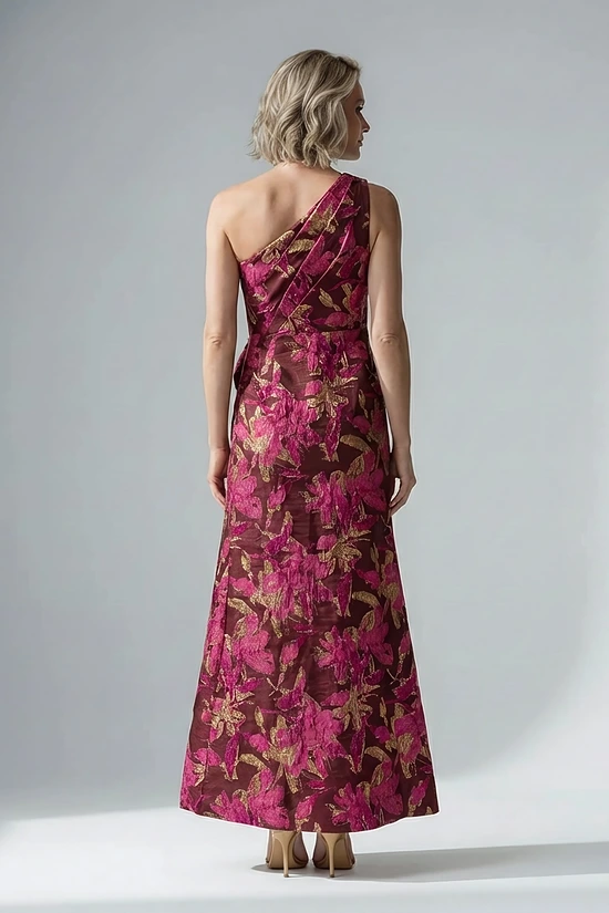 One Shoulder Jacquard Burgundy Gold Dress by Adrianna Papell