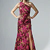 One Shoulder Jacquard Burgundy Gold Dress by Adrianna Papell