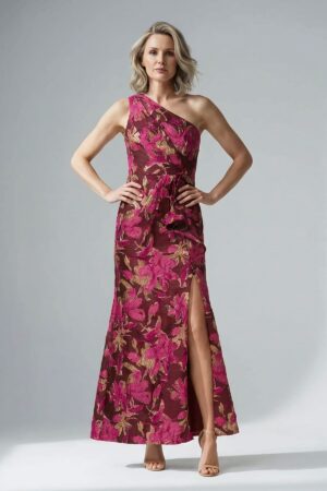 One Shoulder Jacquard Burgundy Gold Dress by Adrianna Papell