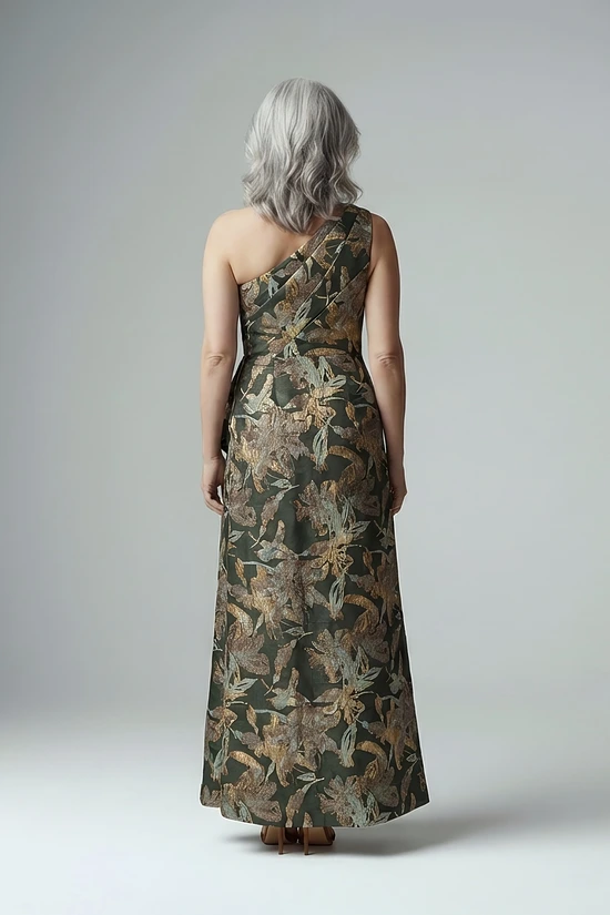 One Shoulder Jacquard Green Gold Dress by Adrianna Papell
