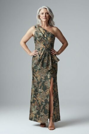 One Shoulder Jacquard Green Gold Dress by Adrianna Papell