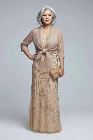 Champagne Organza Wrap Jacket With Short Sleeves by Adrianna Papell