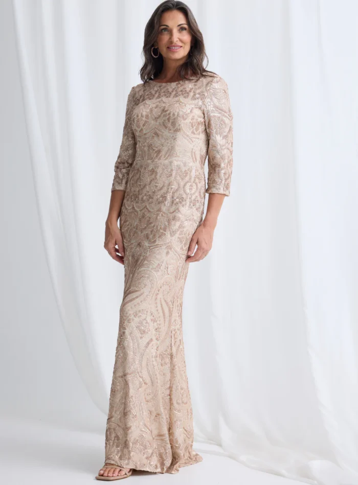 Roxy Refined Gown Sequins with Effortless Comfort in Champagne Mother of the Groom Dress