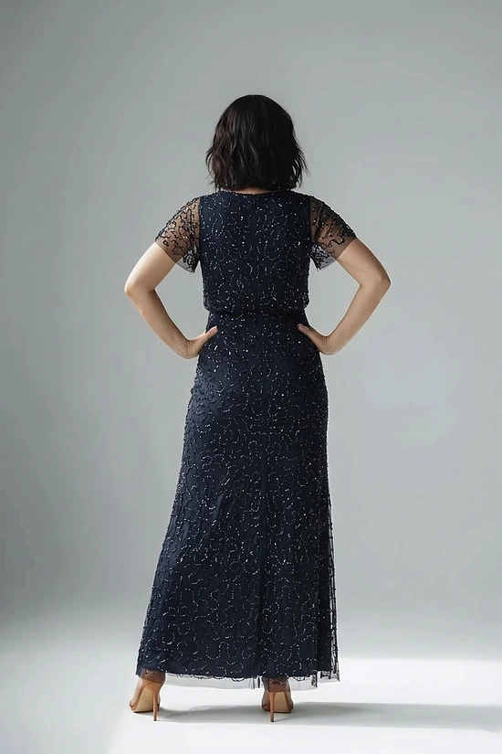 Short Sleeve Beaded Floral Embroidery Midnight Multi Gown by Adrianna Papell