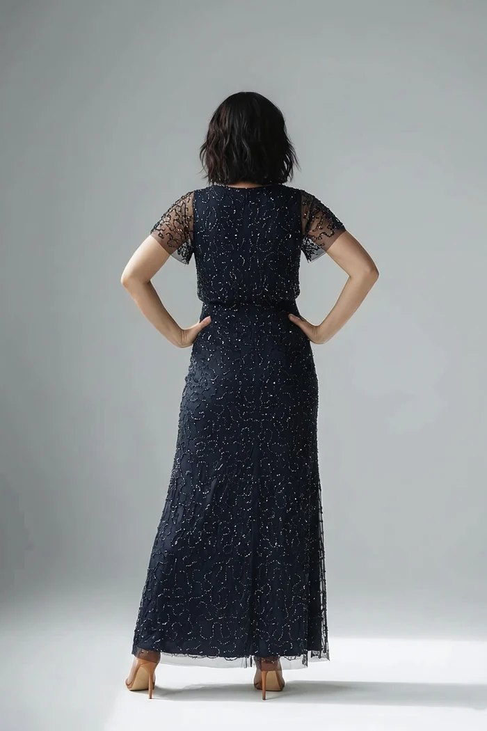 Short Sleeve Beaded Floral Embroidery Midnight Multi Gown by Adrianna Papell