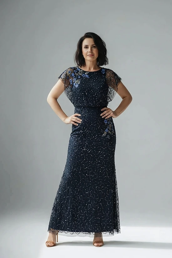 Short Sleeve Beaded Floral Embroidery Midnight Multi Gown by Adrianna Papell