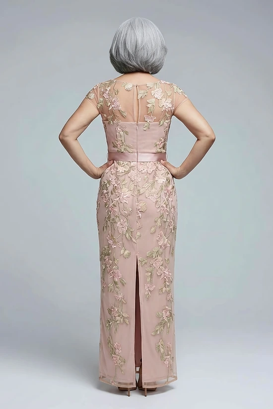 Short Sleeve Floral Embroidered Blush Nude Gown With Ribbon Tie Waist by Adrianna Papell