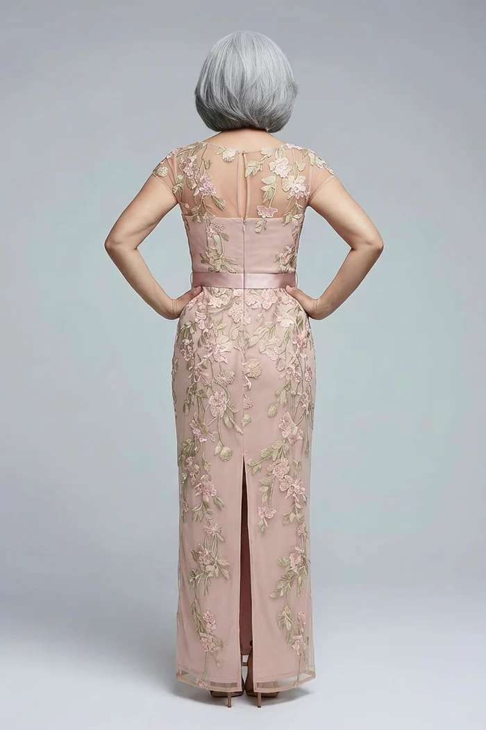 Short Sleeve Floral Embroidered Blush Nude Gown With Ribbon Tie Waist by Adrianna Papell