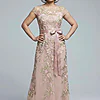 Short Sleeve Floral Embroidered Blush Nude Gown With Ribbon Tie Waist by Adrianna Papell