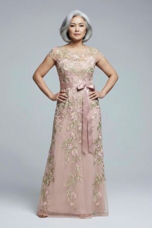 Short Sleeve Floral Embroidered Blush Nude Gown With Ribbon Tie Waist by Adrianna Papell