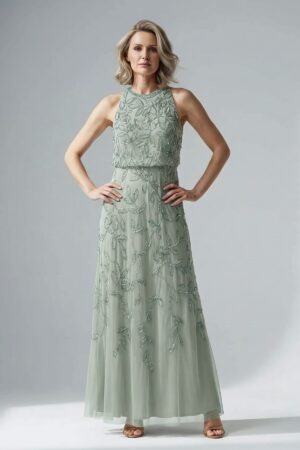 Sleeveless Blouson Mermaid Aqua Gown With Jasmine Beading by Adrianna Papell