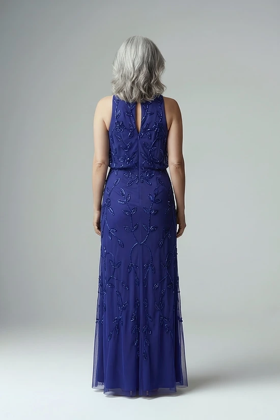 Sleeveless Blouson Mermaid Dark Blue Gown With Jasmine Beading by Adrianna Papell