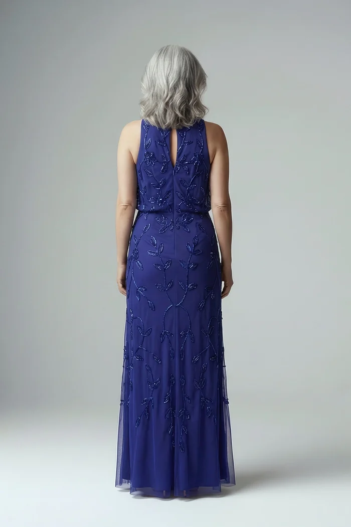 Sleeveless Blouson Mermaid Dark Blue Gown With Jasmine Beading by Adrianna Papell
