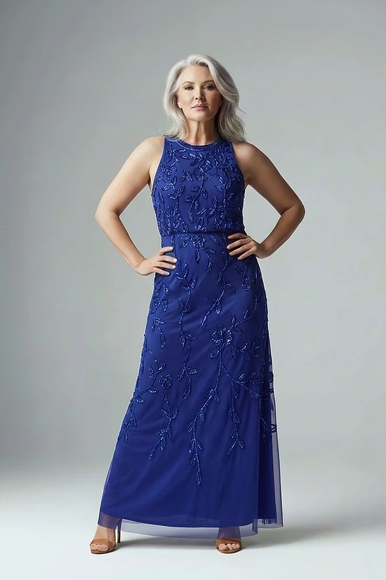 Sleeveless Blouson Mermaid Dark Blue Gown With Jasmine Beading by Adrianna Papell
