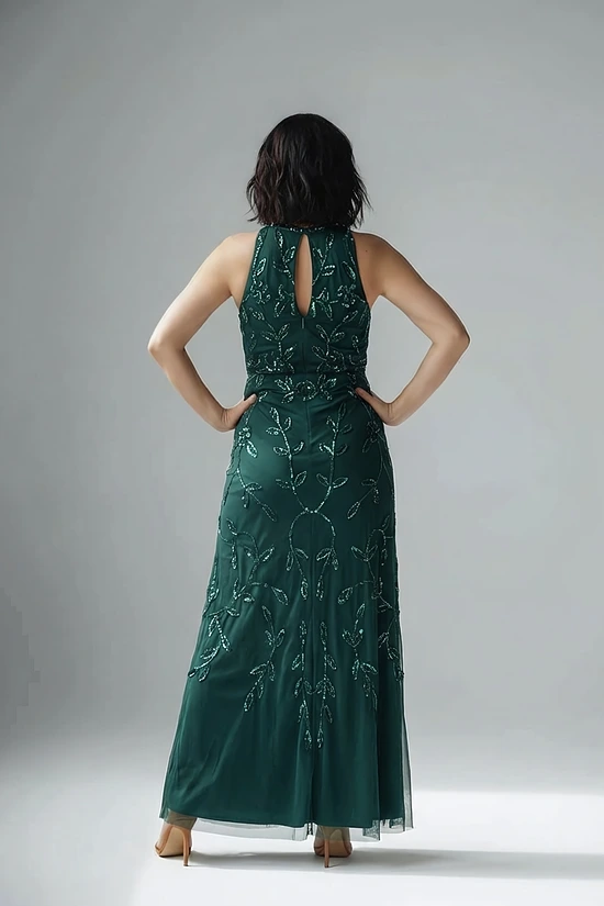 Sleeveless Blouson Mermaid Emerald Gown With Jasmine Beading by Adrianna Papell