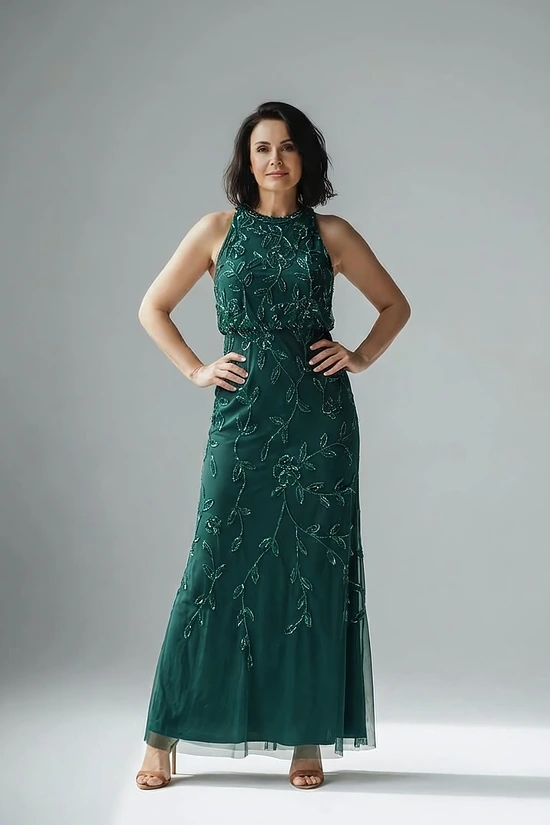 Sleeveless Blouson Mermaid Emerald Gown With Jasmine Beading by Adrianna Papell