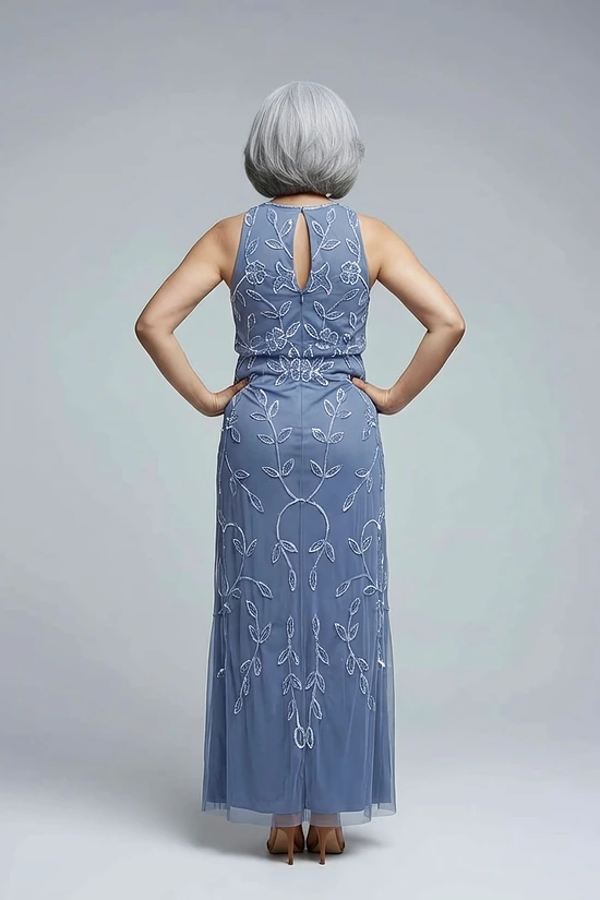 Sleeveless Blouson Mermaid French Blue Gown With Jasmine Beading by Adrianna Papell