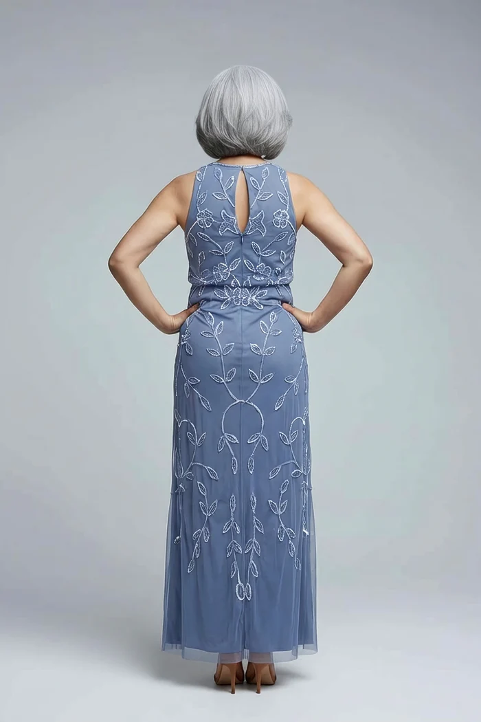 Sleeveless Blouson Mermaid French Blue Gown With Jasmine Beading by Adrianna Papell