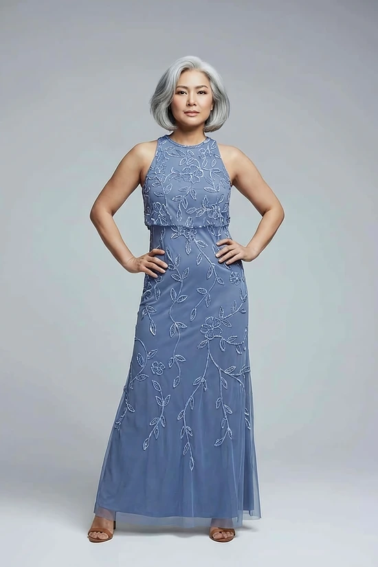 Sleeveless Blouson Mermaid French Blue Gown With Jasmine Beading by Adrianna Papell