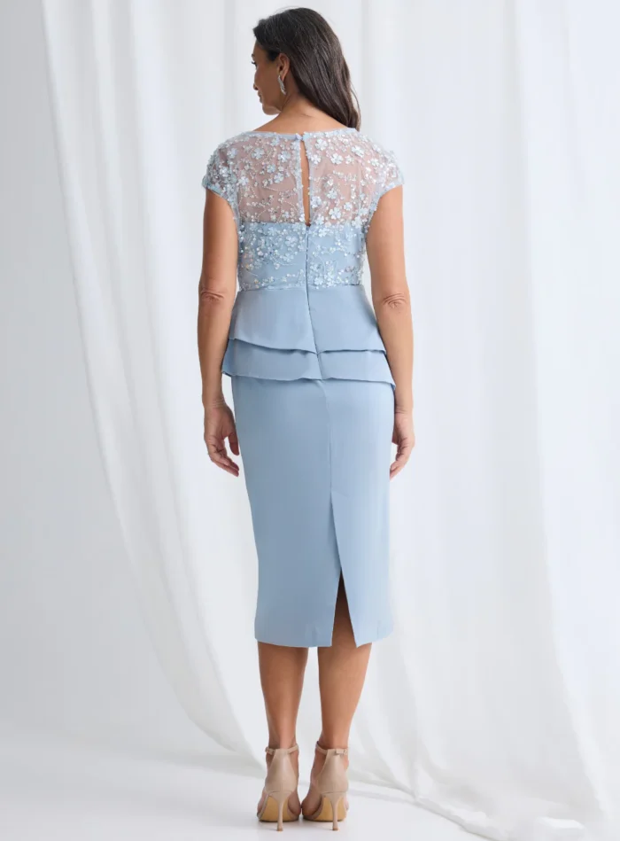 Tania Peplum Midi Beaded Elegance with Soft Structure in Light Blue Mother of the Bride Dress