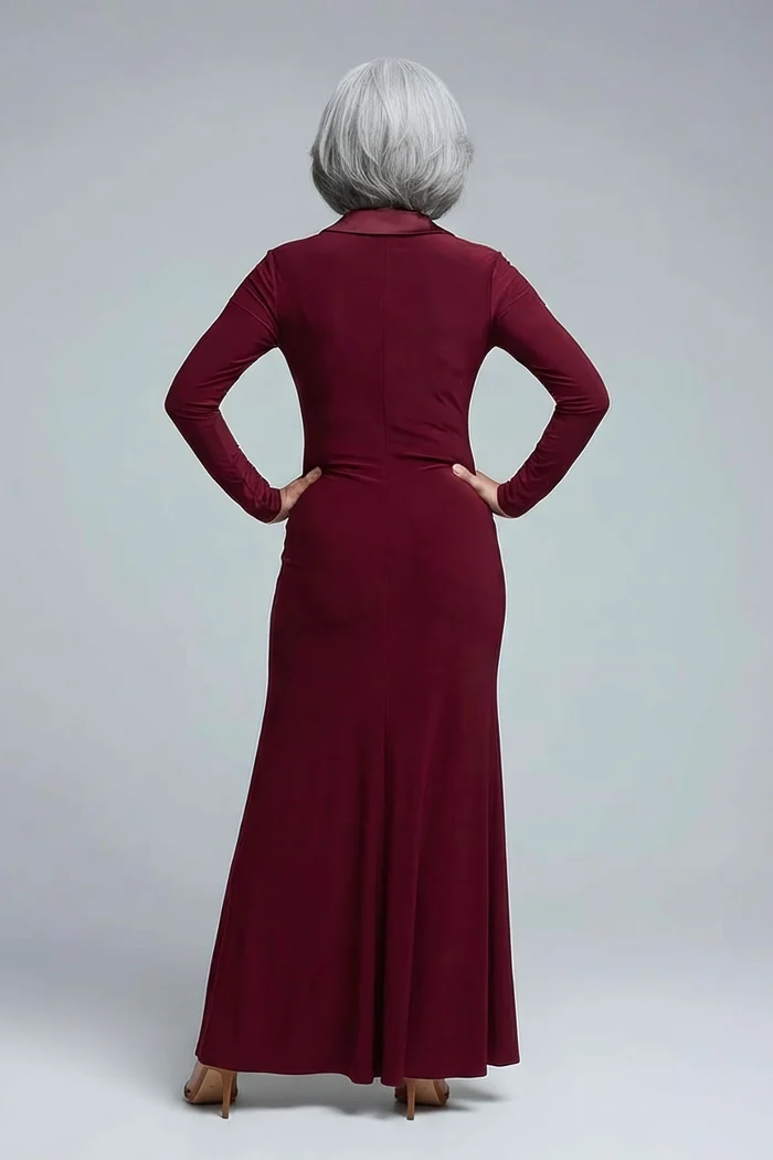 Tuxedo Mermaid Burgundy Gown With Long Sleeves by Adrianna Papell