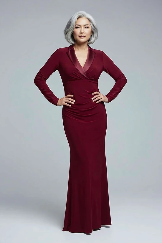 Tuxedo Mermaid Burgundy Gown With Long Sleeves by Adrianna Papell