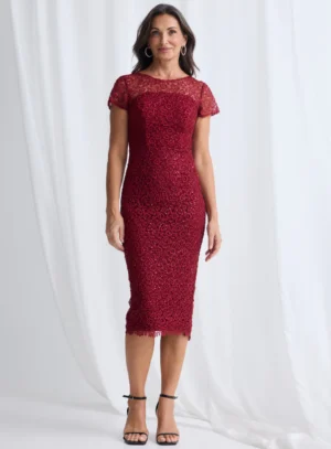 Vena Wine Midi Dress Sequined Lace by Trellis Lane
