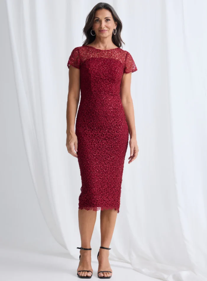 Vena Midi Sequined Lace in Wine Mother of the Groom Dress