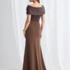Veronica Beaded Off Shoulder Gown in Chocolate Mother of the Groom Dress